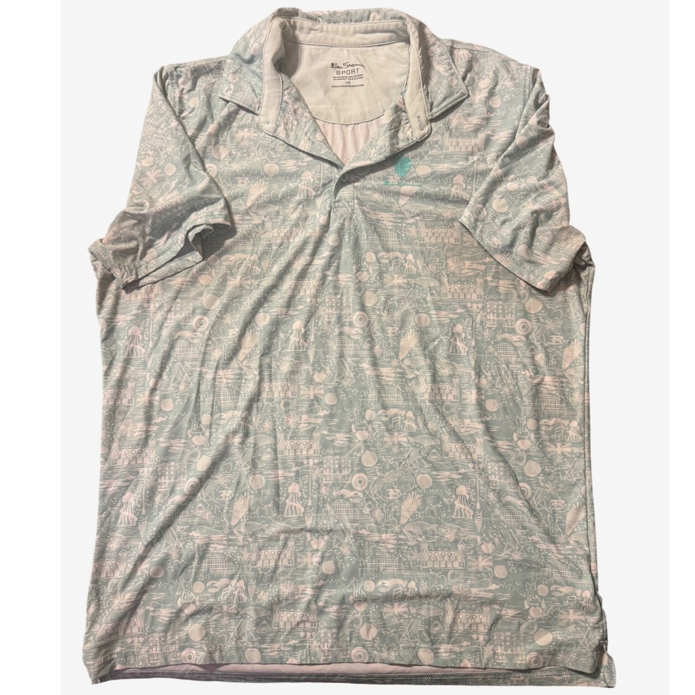 Ben Sherman Sport Men's L Golf Polo Shirt Teal White Nautical Print Short Sleeve